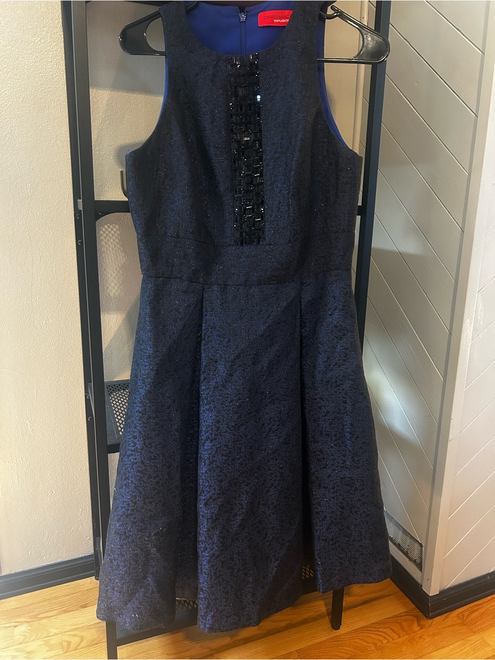 Carmen Marc Valvo Navy Textured Cocktail Dress with Beaded Placket - Picture 2 of 5